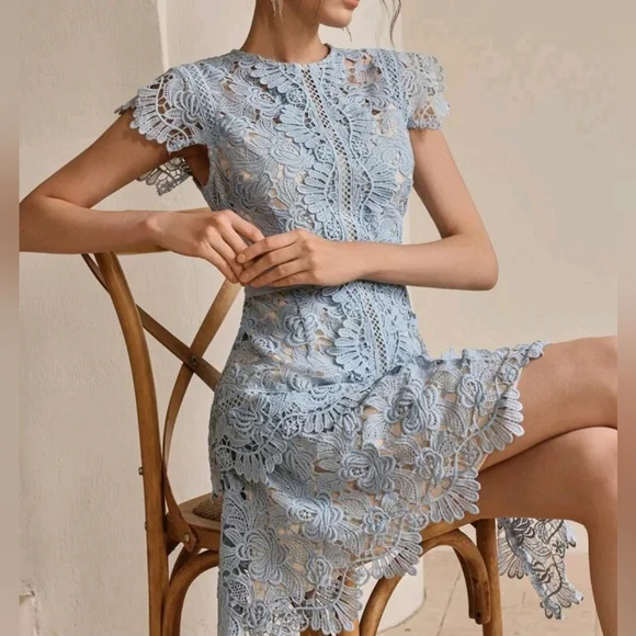 New Sheer Embroidered Lace Overlay Scalloped Hem Short Dress Blue